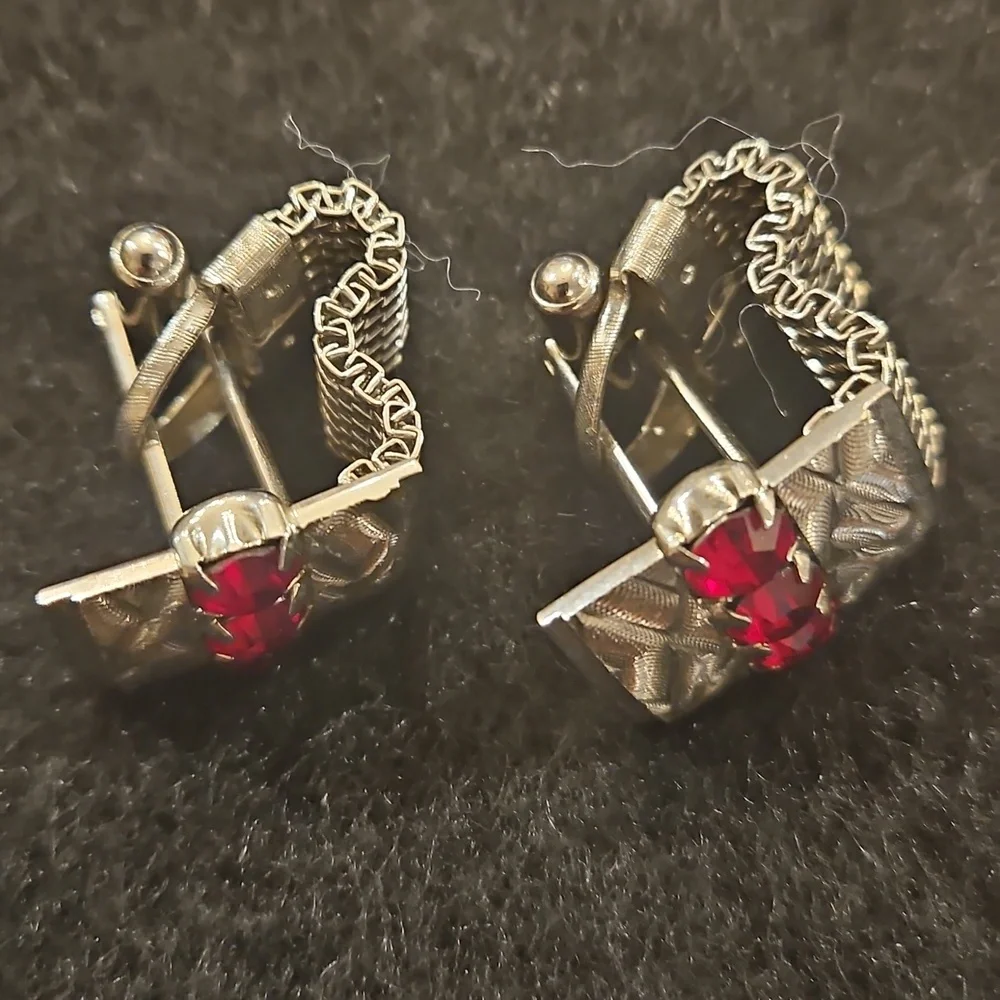 Vintage Silver and Red Gemstone Cufflinks